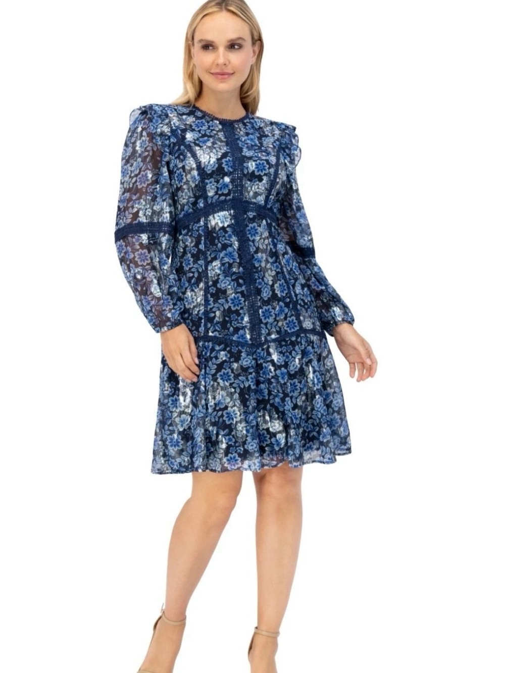Eliza J Blue Floral Long-Sleeve Tiered Dress
